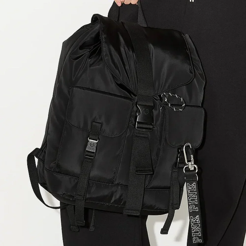 PINK VICTORIA'S SECRET Black Nylon Cargo Backpack Fits up to a 15" Laptop**NEW! - Picture 4 of 5